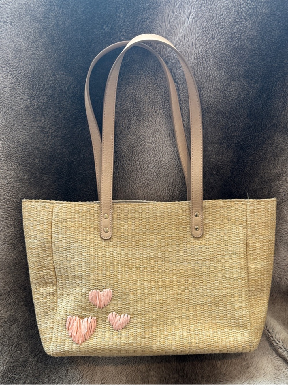 LC Lauren Conrad Tan Straw Tote with Pink Heart Embroidery